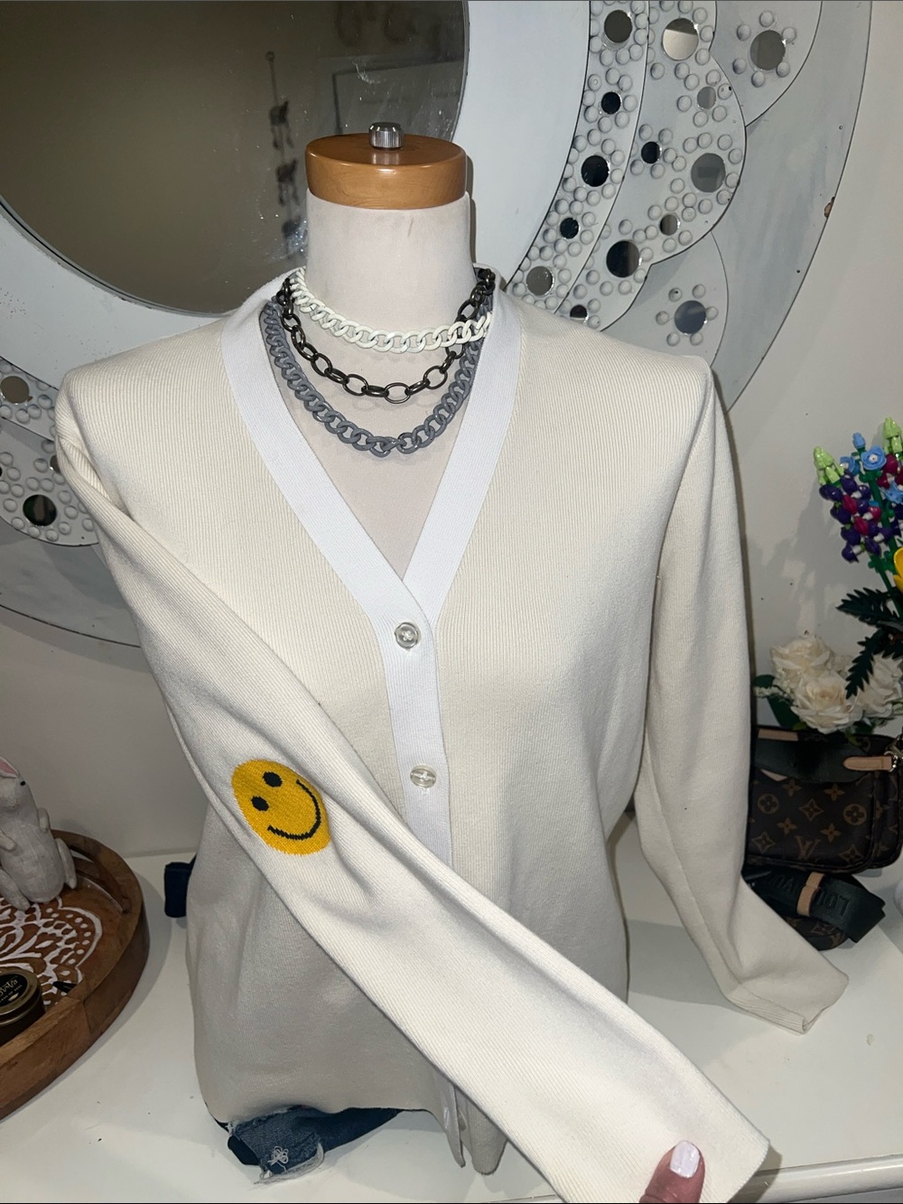KULE Cream V-Neck Button-Front Cardigan with White Trim